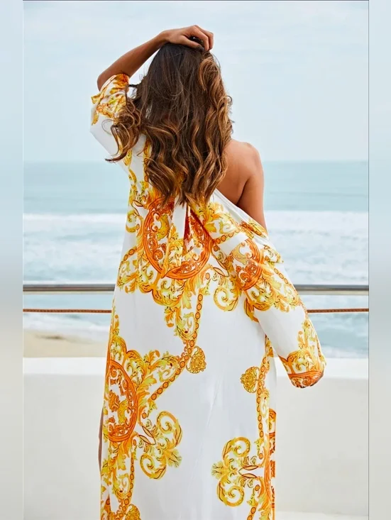 Baroque Swimwear Set Plunge Halter One-Piece Longline Swim Longline Cover-Up
